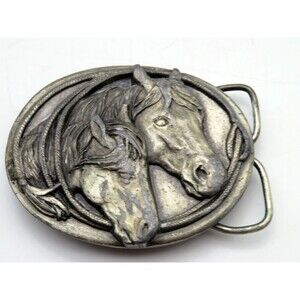 Vintage 1983 Siskiyou Double Horse Head Pewter Belt Buckle